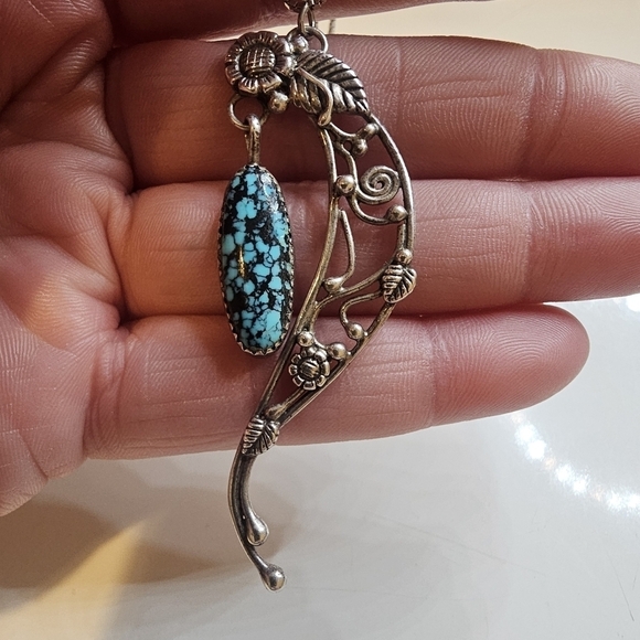 AMAZING Sterling Turquoise Dangle Floral Botanical Pendent .925 Silver Chain - Picture 6 of 10